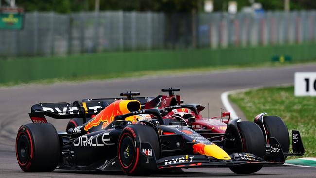 Max Verstappen overtakes Charles Leclerc during the Sprint race. Picture: Getty