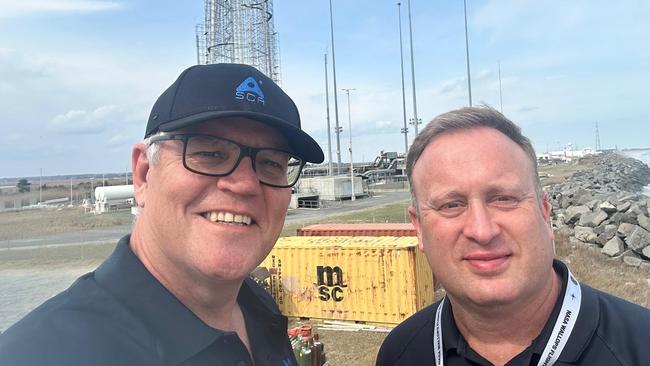 Space Centre Australia chair Scott Morrison and company chief executive and co-founder, James Palmer, at Wallops Range, Virginia, USA. A new agreement between Space Centre Australia and NASA for a “horizontal launch capability” is being framed by the company as a key step towards the opening of a major international space port in Cape York