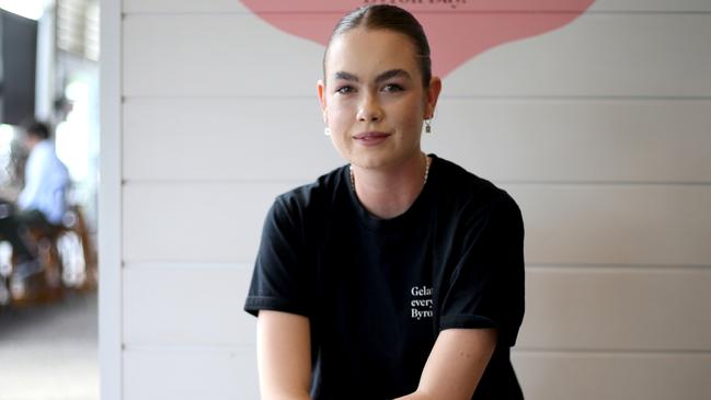 Mia Campbell from Bella Rose Gealato shop in Byron Bay says any arriving schoolies must take the right precautions. Picture: Nathan Edwards