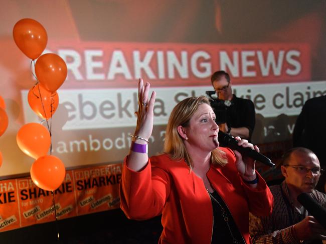 Centre Alliance's Rebekha Sharkie celebrating her win with supporters at the Mt Barker Wallis cinema. AAP Image/David Mariuz