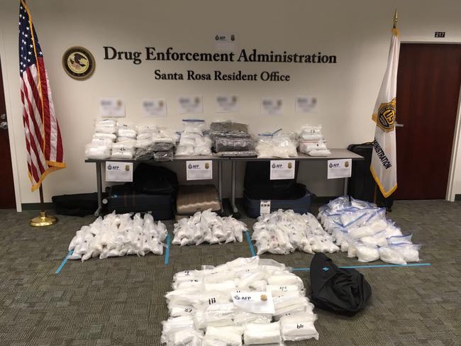 The 255kg drug haul on display at the DEA office in Santa Rosa. Picture: AFP