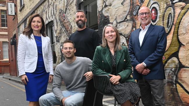 The Advertiser Round Table participants Rachel Sanderson (Member for Adelaide), Oliver Brown (city business owner), Josh Baker (city business owner), Jennie Wilkinson (Committee for Adelaide Policy Manager) and Ian Horne (AHA SA chief executive). Picture: Keryn Stevens