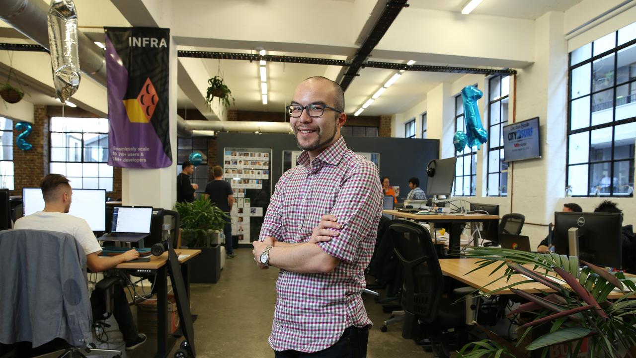 Cameron Adams in Canva’s Sydney Surry Hills office back in 2018 before Covid-19 existed Picture: Britta Campion/The Australian