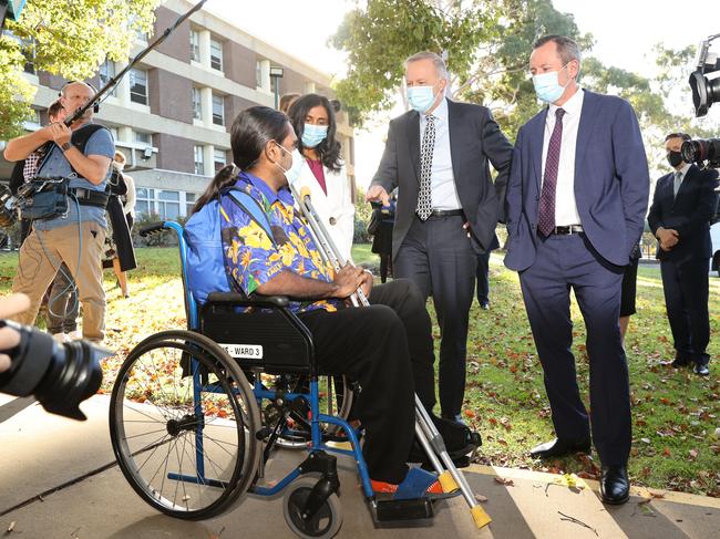 Mr Albanese meets nurses at Bentley Health Service in Perth today alongside WA Premier Mark McGowan. Picture: Sam Ruttyn