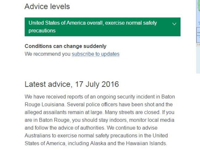 DFAT has warned Aussie travellers in Baton Rouge to stay indoors and monitor local media. Picture: DFAT