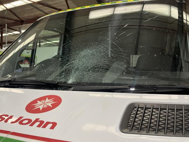 A windscreen smashed during a triple-0 response, with a man charged over the alleged incident. Picture: St John Ambulance