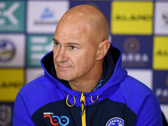 Eels coach Brad Arthur speaks during a press conference following the Round 4 NRL match between the Parramatta Eels and the Manly Warringah Sea Eagles at Bankwest Stadium in Sydney, Saturday, June 6, 2020. (AAP Image/Dan Himbrechts) NO ARCHIVING, EDITORIAL USE ONLY