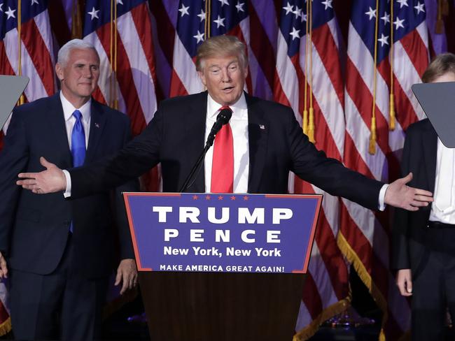 President-elect Donald Trump gives his acceptance speech during his election night rally. Picture: AP Photo/John Locher