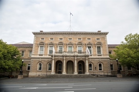 Hobart Town Hall, where Mike Parr will be buried beneath the road