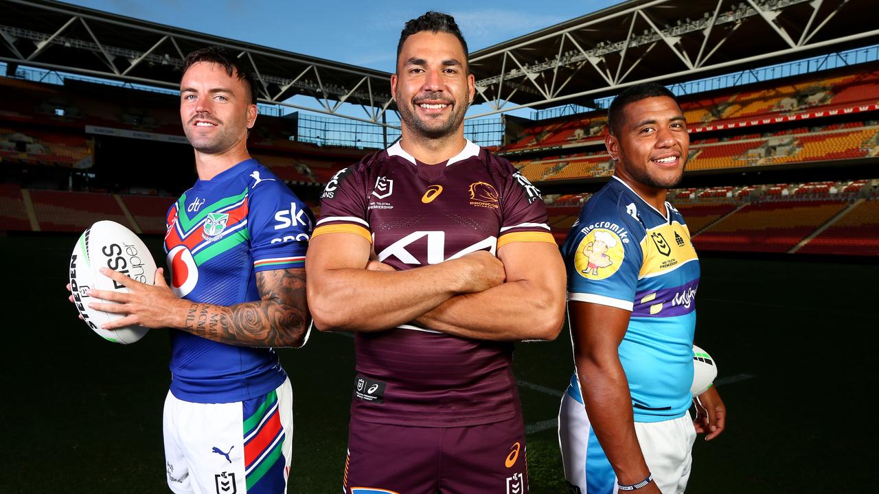 NRL Magic Round launch at Suncorp Stadium - Wayde Egan from the New Zealand Warriors, Ryan James Brisbane Broncos and Mo Fotuaika from Gold Coast Titans, Milton Sunday 20th February 2022 Picture David Clark