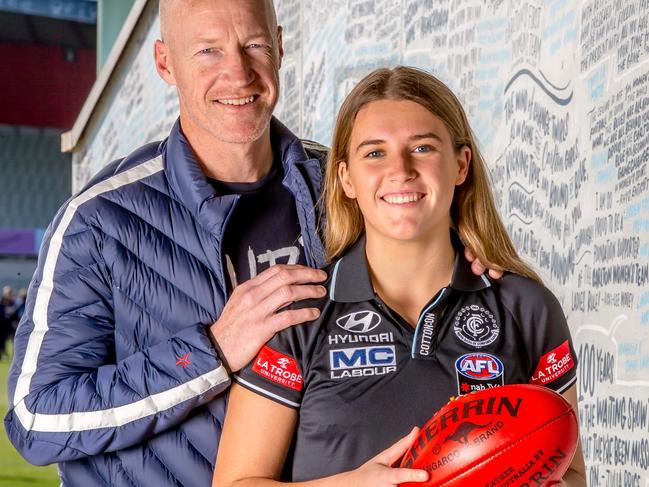 Exclusive photo of historic first father-daughter AFLW recruit Abbie McKay and dad, Carlton premiership player Andrew McKay. Picture: Tim Carrafa