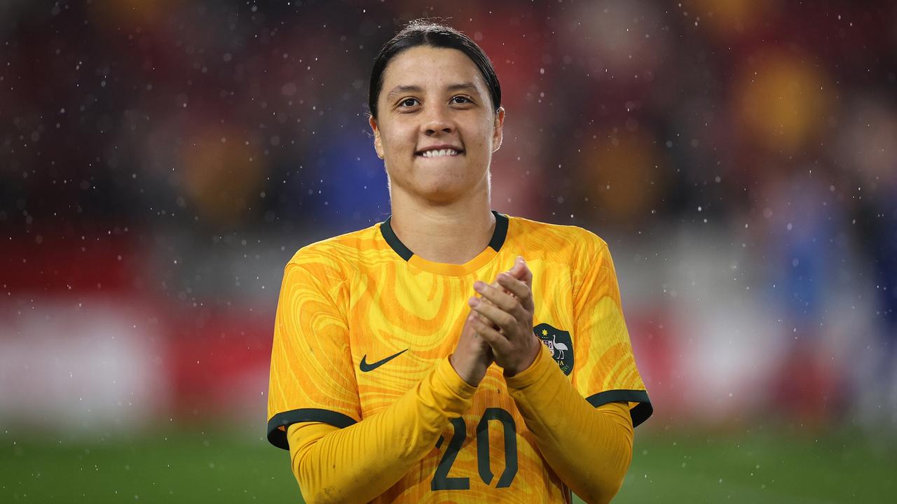 BRENTFORD, ENGLAND - APRIL 11: Sam Kerr of Australia applauds their fans after defeating England during the Women's International Friendly match between England and Australia at Gtech Community Stadium on April 11, 2023 in Brentford, England. (Photo by Ryan Pierse/Getty Images)