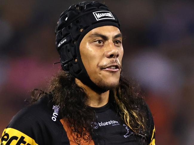 PENRITH, AUSTRALIA - JULY 29: Jarome Luai of the Panthers reacts after a no try during the round 22 NRL match between Penrith Panthers and Cronulla Sharks at BlueBet Stadium on July 29, 2023 in Penrith, Australia. (Photo by Jeremy Ng/Getty Images)