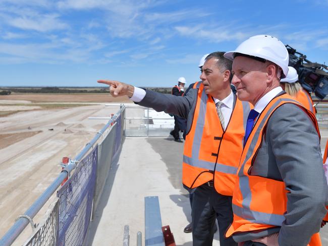 Sam Shahin showing Premier Jay Weatherill the new motor sport complex under construction in Tailem Bend. AAP Image/David Mariuz