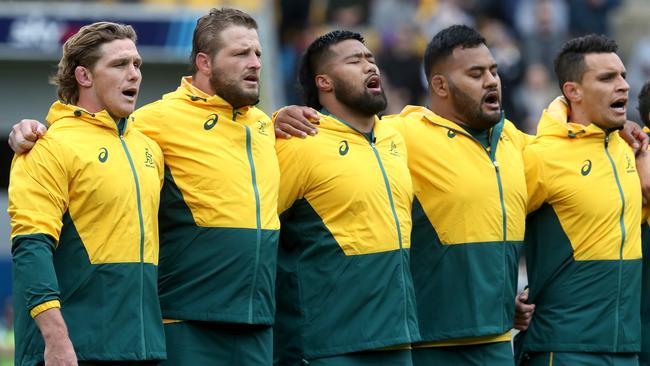 Michael Hooper of the Wallabies sings the national anthem with his team ahead of the Bledisloe Cup match between the New Zealand All Blacks and the Australian Wallabies at Sky Stadium on October 11 in Wellington.