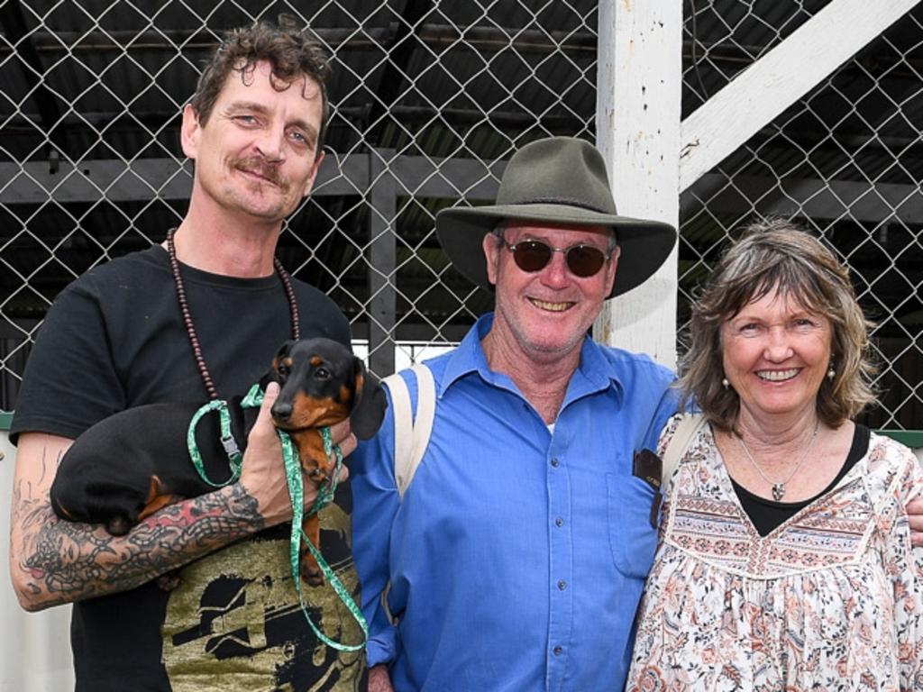 Friends catching up at the Lismore Show, Kathleen and Wayne Maguire with Nathan Petersen and his dog, Bonnie. Picture: Cath Piltz