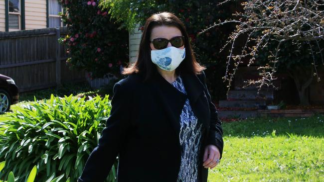 Jenny Mikakos leaves her home in Thornbury a day after she resigned from parliament. Picture: Aaron Francis