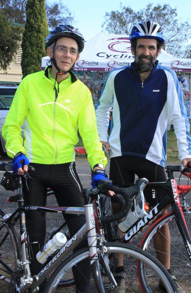 James Heron (right) was an avid cyclist, pictured here with Bob Snow after a ride through Swan Creek. Photo Gerard Walsh / Warwick Daily News