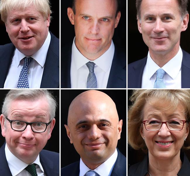 The six main contenders to replace Mrs May are (top, from left) former foreign secretary Boris Johnson; former Brexit secretary Dominic Raab; foreign secretary Jeremy Hunt; (bottom, from left) environment secretary Michael Gove; home secretary Sajid Javid and former Leader of the House of Commons Angela Leadsom. Picture: STF / AFP