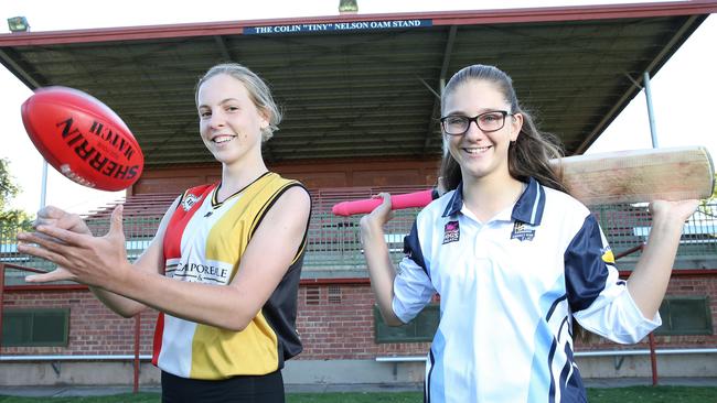 Goodwood Saints player Persia Tuckey and Goodwood Cricket Club player Taylor Hutchinson. Picture: Stephen Laffer