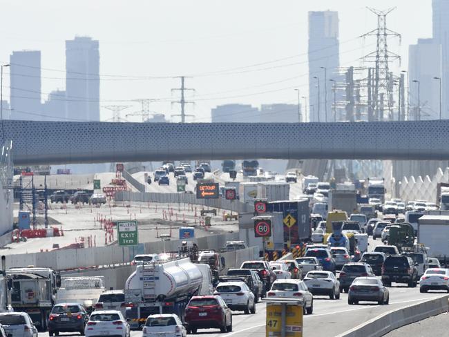 Traffic banks up on the city-bound lanes of the West Gate Freeway near Grieve Parade at Altona as road works continue to create congestion. Picture: Andrew Henshaw