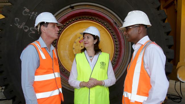 Mines minister Anthony Lynham and Premier Annastacia Palaszczuk in Mackay with Adani CEO Jeyakumar Janakara to announce the go ahead of the Carmichael Mine by Indian company Adani. Picture: Tim Marsden