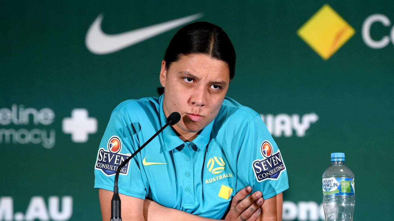 BRISBANE, AUSTRALIA – JULY 29: Sam Kerr speaks to the media during an Australian Matildas media opportunity in the FIFA Women's World Cup Australia &amp; New Zealand 2023 at Queensland Sport and Athletics Centre on July 29, 2023 in Brisbane, Australia. (Photo by Bradley Kanaris/Getty Images)