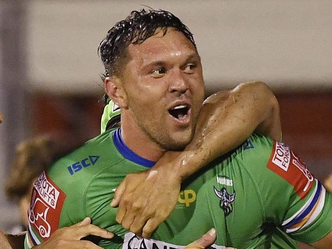 MACKAY, AUSTRALIA - AUGUST 27:  Jordan Rapana of the Raiders celebrates after scoring the game winning try during the round 24 NRL match between the New Zealand Warriors and the Canberra Raiders at BB Print Stadium, on August 27, 2021, in Mackay, Australia. (Photo by Ian Hitchcock/Getty Images)