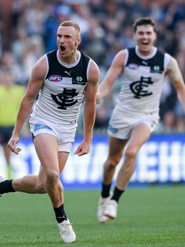 Matthew Cottrell celebrates after putting the Blues in front. Picture: Mark Brake/Getty Images