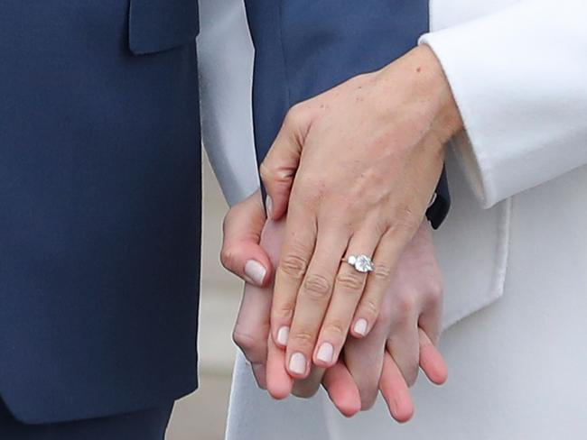 Meghan’s engagement ring. Picture: AFP/Daniel Leal-Olivas