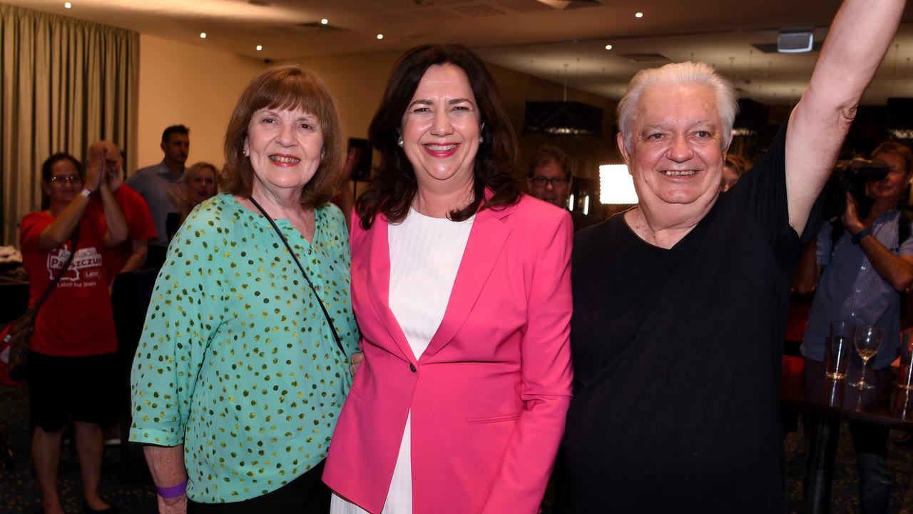 Premier Annastacia Palaszczuk with her parents Henry and Lorelle in October 2020 at her election night victory event. Picture: NCA NewsWire/Dan Peled