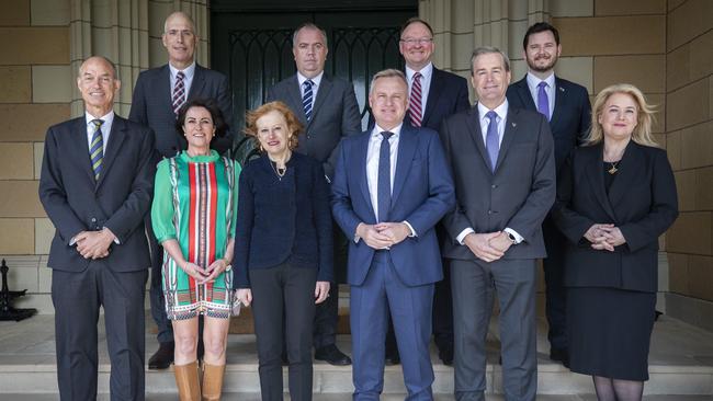 New Tasmanian Government Cabinet at Government House. (L-R back) Nick Duigan MLC, Nic Street MP, Roger Jaensch MP, Felix Ellis MP, (L-R front) Guy Barnett MP, Jo Palmer MLC, Tasmanian Governor Barbara Baker, Premier Jeremy Rockliff, Michael Ferguson MP and Madeleine Ogilvie MP. Picture: Chris Kidd