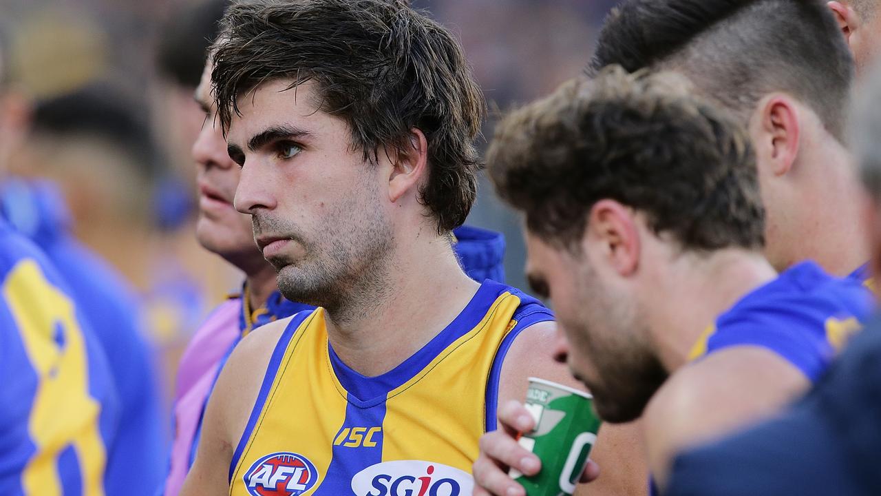 PERTH, WESTERN AUSTRALIA - AUGUST 05: Andrew Gaff of the Eagles looks on at the break during the round 20 AFL match between the West Coast Eagles and the Fremantle Dockers at Optus Stadium on August 5, 2018 in Perth, Australia.  (Photo by Will Russell/AFL Media/Getty Images)