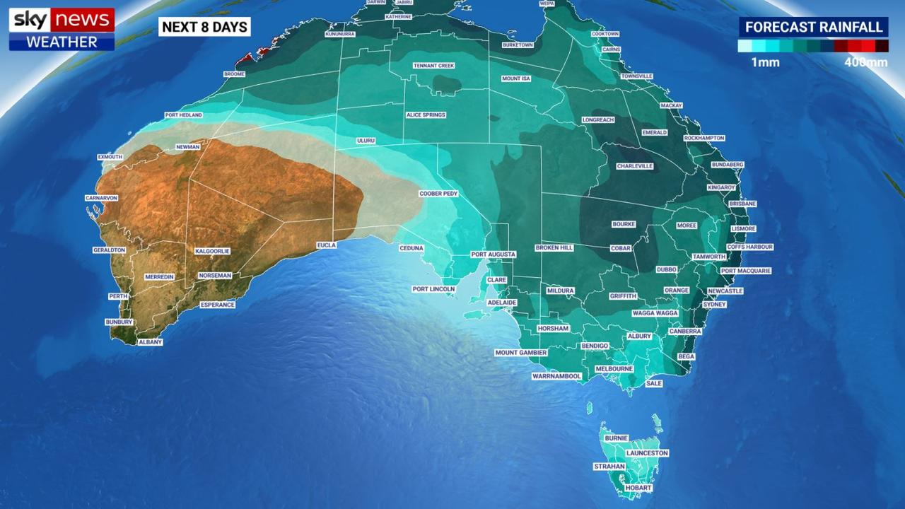 The eight-day rain total forecast shows heavy falls on the east coast, northern Australia and inland parts of NSW and Queensland. Picture: Sky News Weather