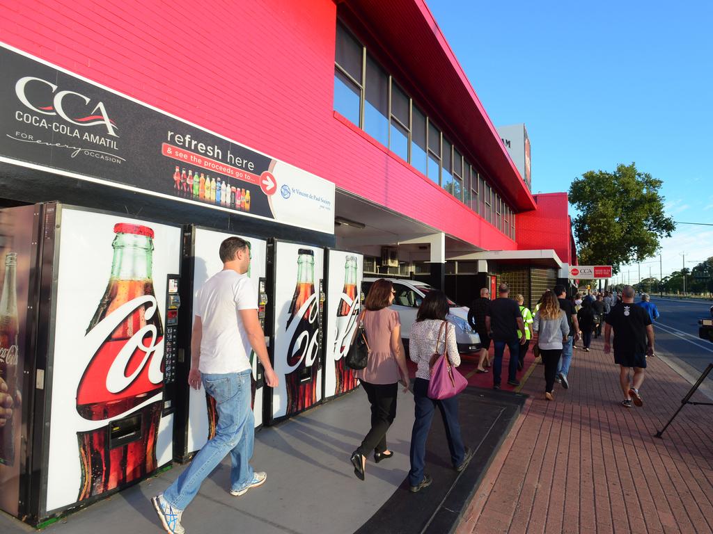 Workers arrive for an 8am meeting on February 22 at Coca-Cola’sThebarton plant. They were told the factory would be closing in 2019. Picture: Sam Wundke