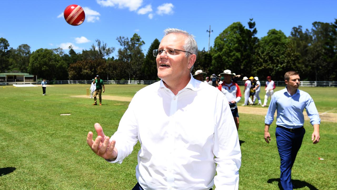 Scott Morrison throws a cricket ball. Picture: Dan Peled