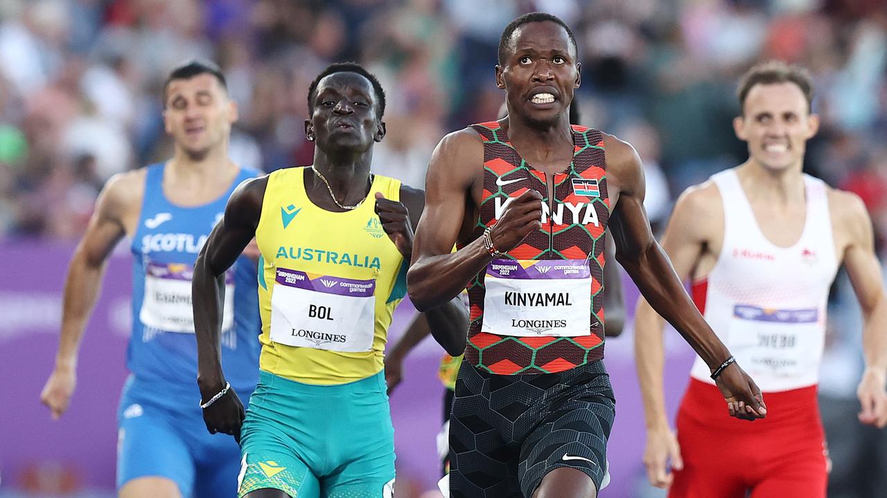 Australian Peter Bol chases down winner Wyclife Kinyamal to win silver. Picture: Michael Klein.