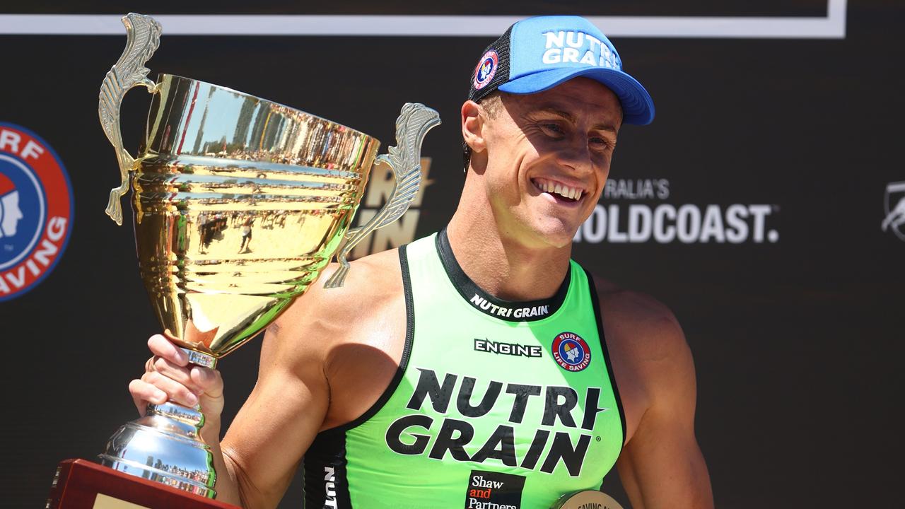 Matt Bevilacqua holds the Series trophy after winning the Nutri-Grain Ironman series in 2023. Picture: Chris Hyde/Getty Images