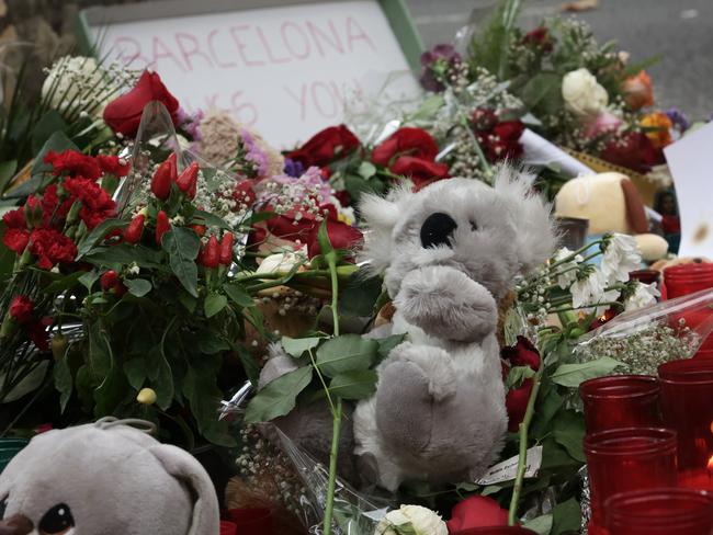 A stuffed koala left at the memorial on Las Ramblas. Picture: Ella Pellegrini