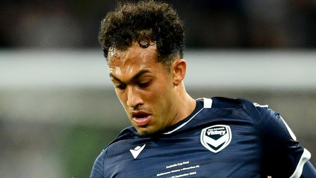 MELBOURNE, AUSTRALIA - SEPTEMBER 29: Nishan Velupillay of the Victory controls the ball during the 2024 Australia Cup Final match between Melbourne Victory and Macarthur FC at AAMI Park on September 29, 2024 in Melbourne, Australia. (Photo by Josh Chadwick/Getty Images)