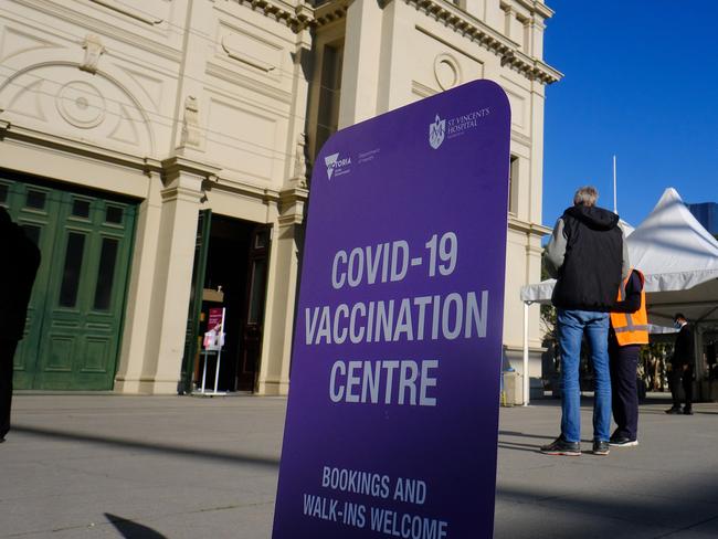 MELBOURNE, AUSTRALIA - NewsWire Photos MAY 30, 2021:  Empty Covid-19  Vaccination  lines are seen  outside the Melbourne Exhibition Building.Picture: NCA NewsWire / Luis Ascui