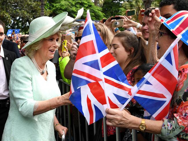 The Duchess of Cornwall is greeted by members of the public during a visit to Brisbane. Picture: Dan Peled/AAP