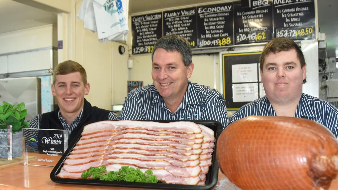 W.Carey and Sons Quality Meats (from left) apprentice Seamus Ryan, owner Wayne Carey and apprentice Jack Blake after they won first prize for ham and bacon at the Australian Meat Industry Council Queensland Regional Smallgoods Competition.