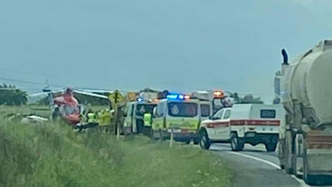 The 510 Rescue Helicopter has landed on the Bruce Highway following a multi vehicle crash. Picture: Supplied