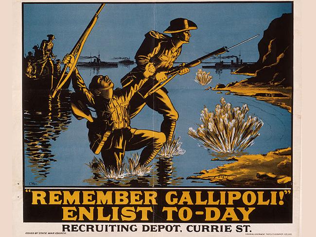 Dramatic South Australian recruiting poster depicting troops coming ashore at Anzac Cove. A soldier is struck as his comrade grimly continues towards the shore, bullets strafing the water around him.