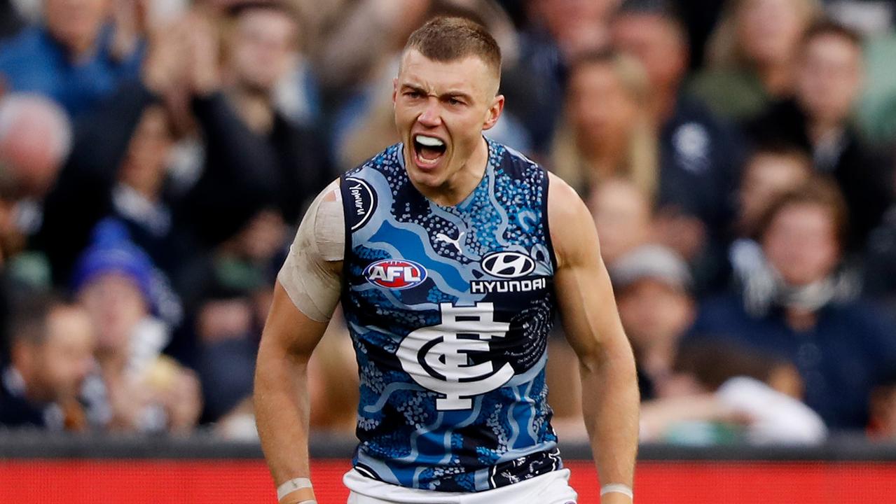 A fired-up Patrick Cripps roars to his troops after kicking a goal. Picture: Dylan Burns/AFL Photos via Getty Images