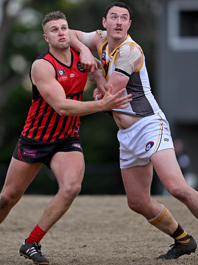 NFL: Panton Hill’s Oliver Parks and Thomastown’s Jarryd Coulson in the ruck. Picture: Andy Brownbill