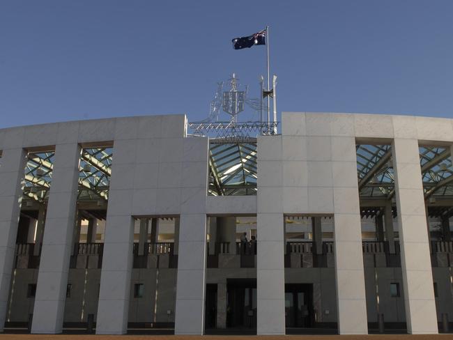 The Australian Coat of Arms above the front entrance of Parliament House in Canberra.