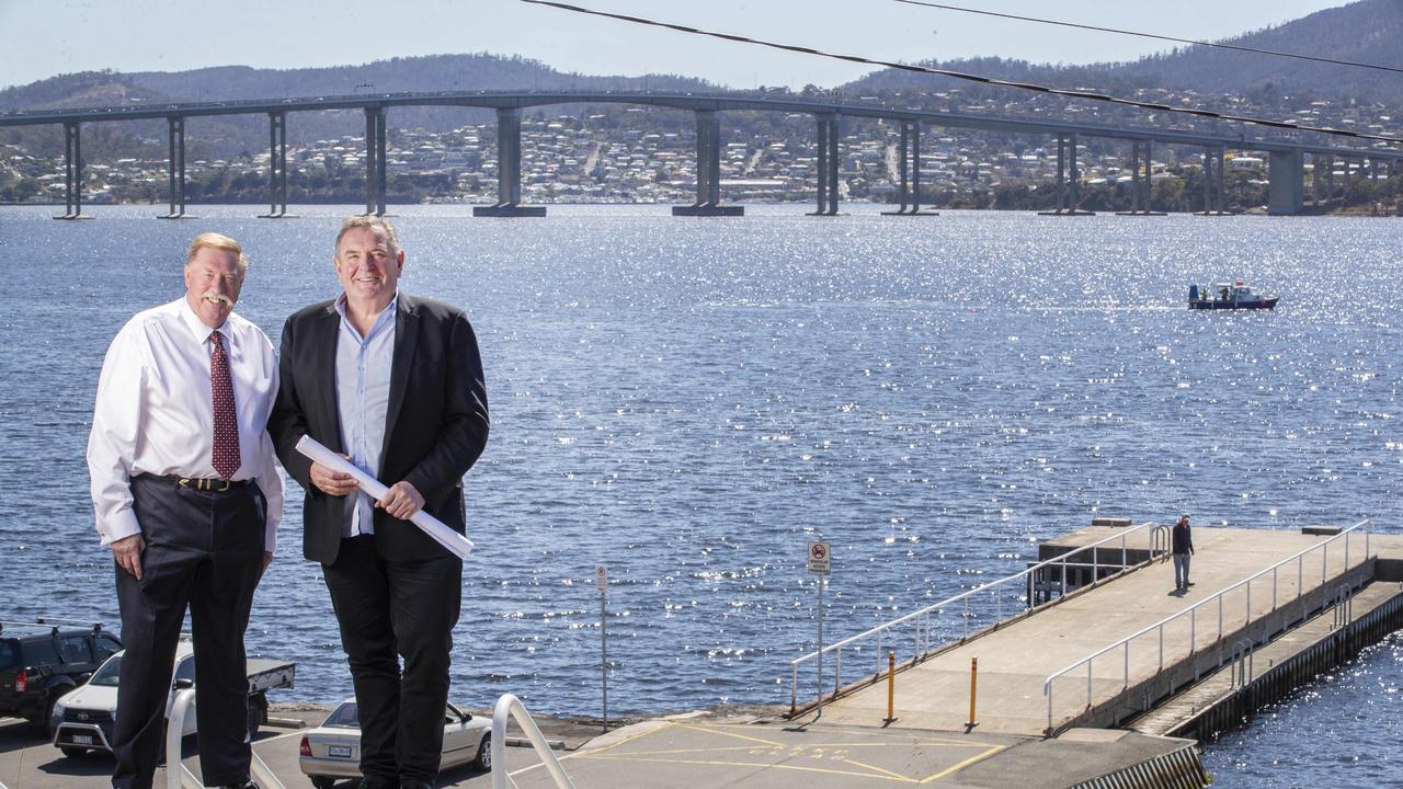 $2.3 billion precinct-scale urban renewal project, including roofed AFL stadium, for Hobart. Stakeholder relations Paul Lennon and Managing Director of Stadia Precinct Consortia Dean Coleman at Macquarie Point. Picture: Chris Kidd