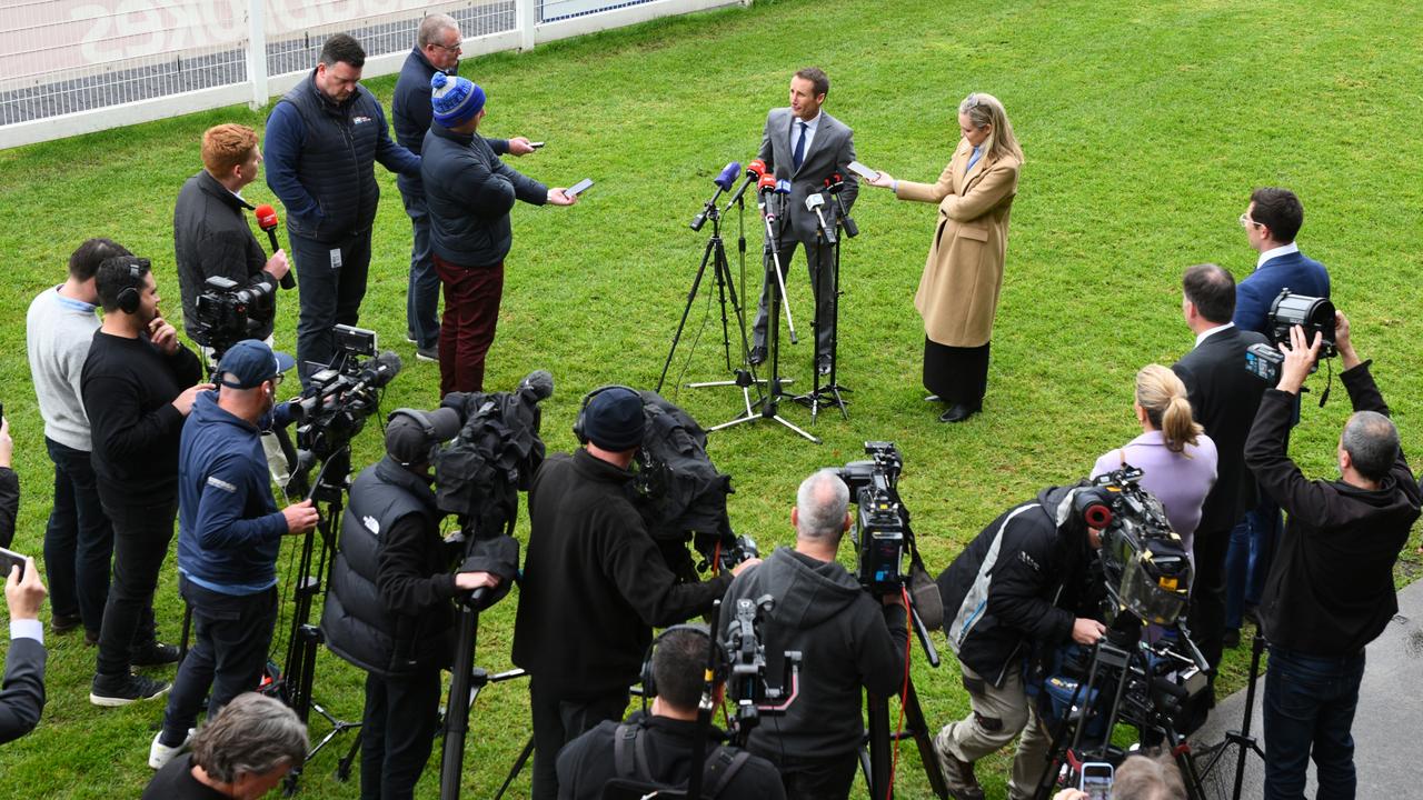 Damien Oliver speaking to the media at Sandown on Wednesday. Picture: Vince Caligiuri/Getty Images